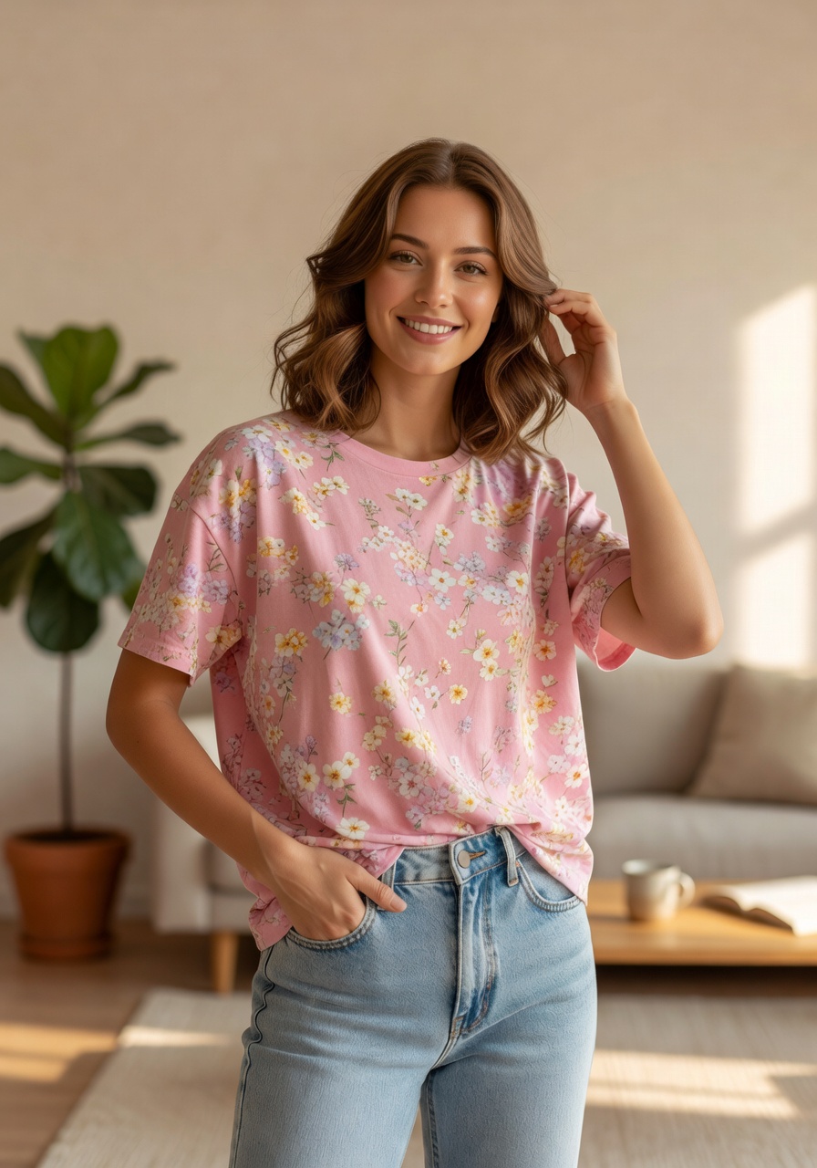 ピンクフローラルTシャツ